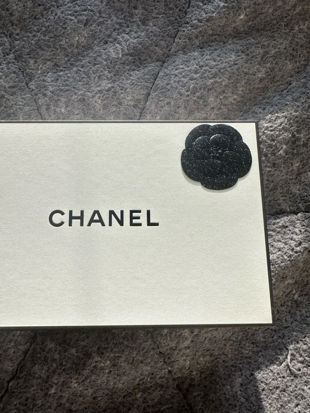 CHANEL White Gift Box with Black Camellia Accent and Ribbon